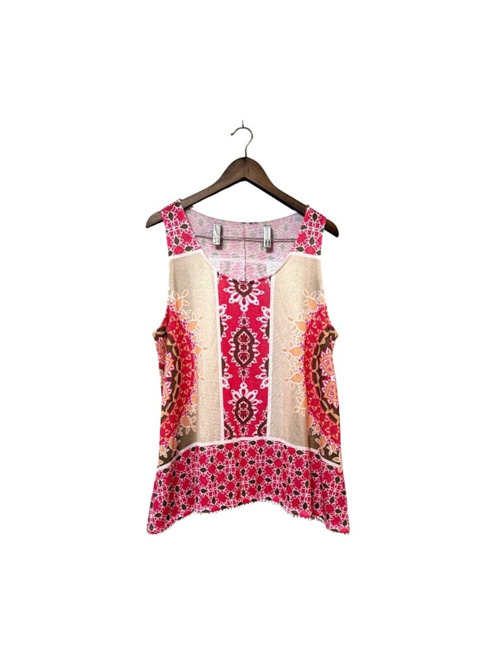 Bohemian Sleeveless Tank Top With Pom Pom Trim Pink & Beige Womens Size L